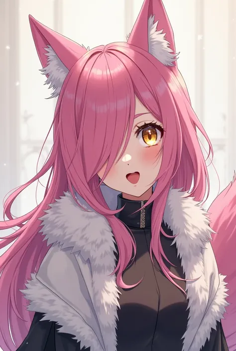 (maximum quality, best quality,  official art , beautiful and aesthetic :1.2) female anime, wolf girl, rebellious girl, long pink hair with bangs covering the right side of the face,  golden eyes, pink wolf ears, pink voluminous tail,  voluminous white coa...