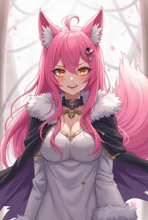 (maximum quality, best quality,  official art , beautiful and aesthetic :1.2) female anime, wolf girl, rebellious girl, long pink hair with bangs covering the right side of the face,  golden eyes, pink wolf ears, pink voluminous tail,  voluminous white coa...