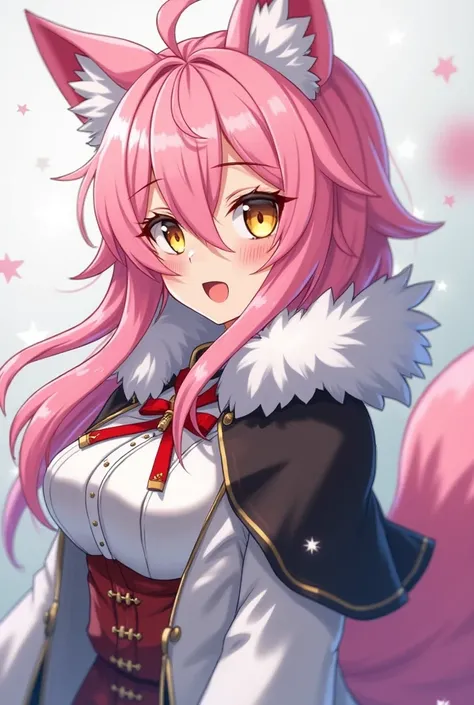 (maximum quality, best quality,  official art , beautiful and aesthetic :1.2) female anime, wolf girl, rebellious girl, long pink hair with bangs covering the right side of the face,  golden eyes, pink wolf ears, pink voluminous tail,  voluminous white coa...