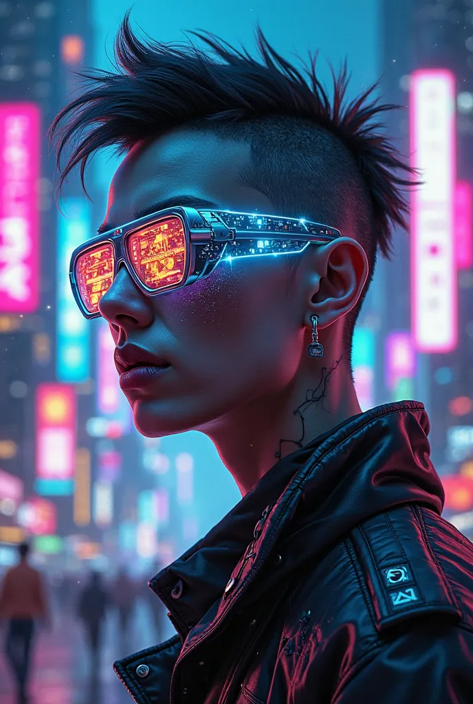 "Create a highly detailed cyberpunk-style profile picture of a futuristic character with advanced, high-tech eyeglasses that feature glowing holographic displays, augmented reality interfaces, or neon circuitry patterns. The character should have a mix of ...