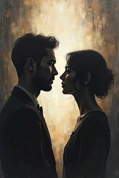 generate an image of two silhouettes looking at each other from the front, the first silhouette must be illuminated by a light and the other obscured by a shadow, creating a symbolism... do it with an oil or watercolor painting style.