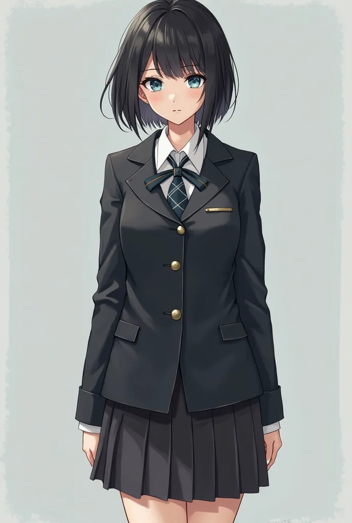 Make an image of a series of black-haired women with bangs above blue eyes, her short, straight shoulder-length hair. She is white, and wears a school uniform. White dress blouse under the black blazer. SHE wears a black pleated skirt. She wears knee-high ...