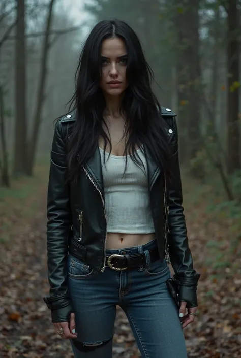 Megan Fox wears a black leather jacket with a tight white winter shirt with long sleeves and blue jeans. She faces the horror film character Scream with swords and finds a sword embedded in the middle of her belly and bleeding 