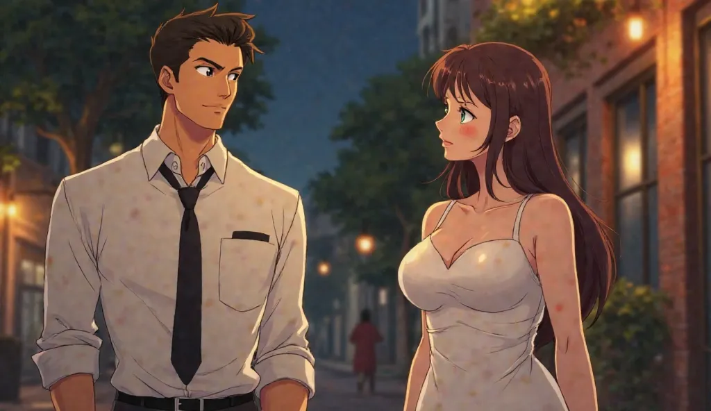 "An anime-style closing scene of a confident man in a white shirt and black tie walking away with a subtle smirk, while a plus-size anime woman in a tight white dress watches him with a thoughtful expression. She seems lost in thought, as if reflecting on ...