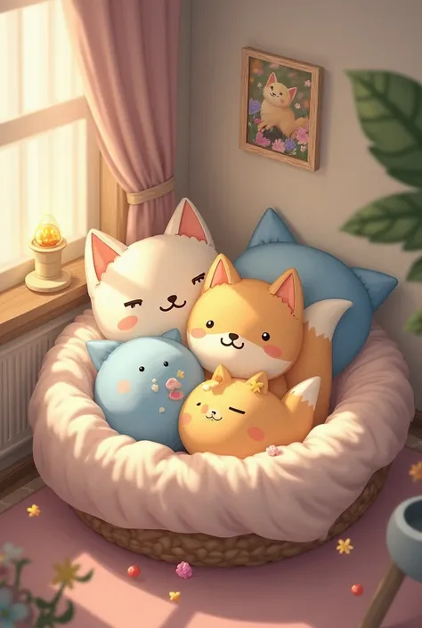 A cozy, small nest designed for an anthropomorphic fox named Hoshi. The nest is filled with soft pillows of different shapes and sizes, in pastel colors like sky blue, soft yellow, and gentle pink. Each pillow carries a faint scent — one smells like milk, ...