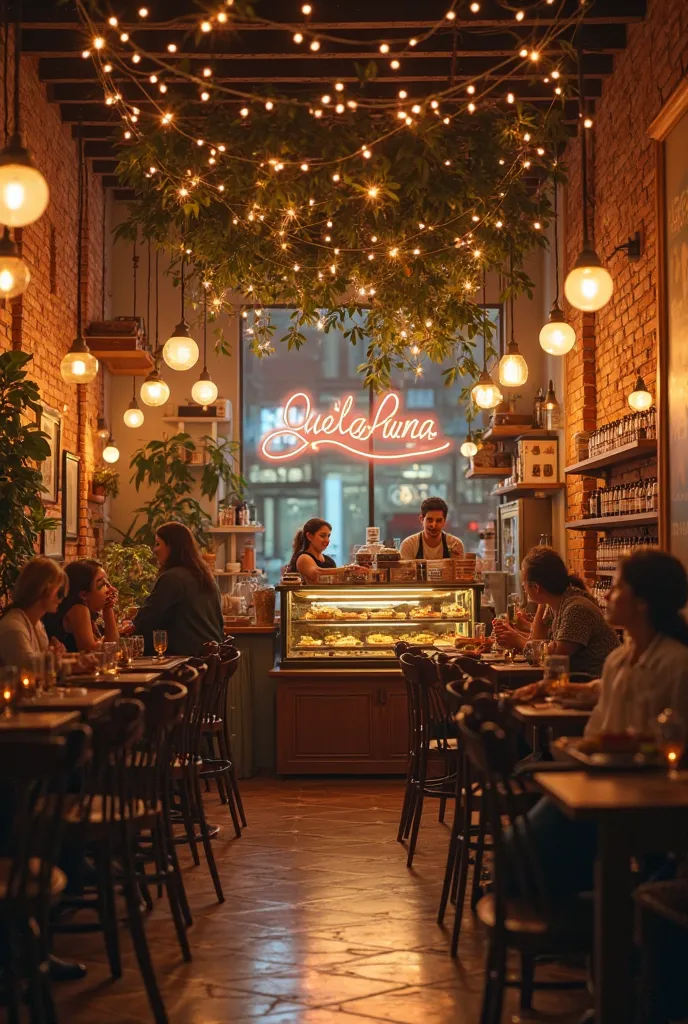 A coffee shop called Luna & cafe with soft lighting: Use of warm lights, vintage-style lamps or hanging lights that mimic stars.