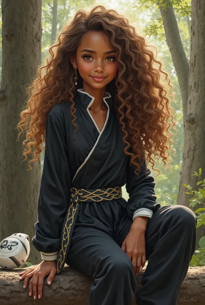 a hot girl , brown skin and brown eyes with long voluminous honey-brown curly hair dressed in a black ninja costume and with white details,  realistic portrait, detailed face, smiley expression, active posture, adolescent , next to a white trig listed with...