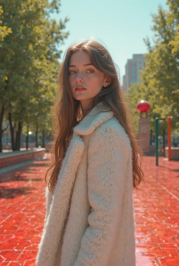 A girl in a white fur coat on a red playground in Moscow in summer 