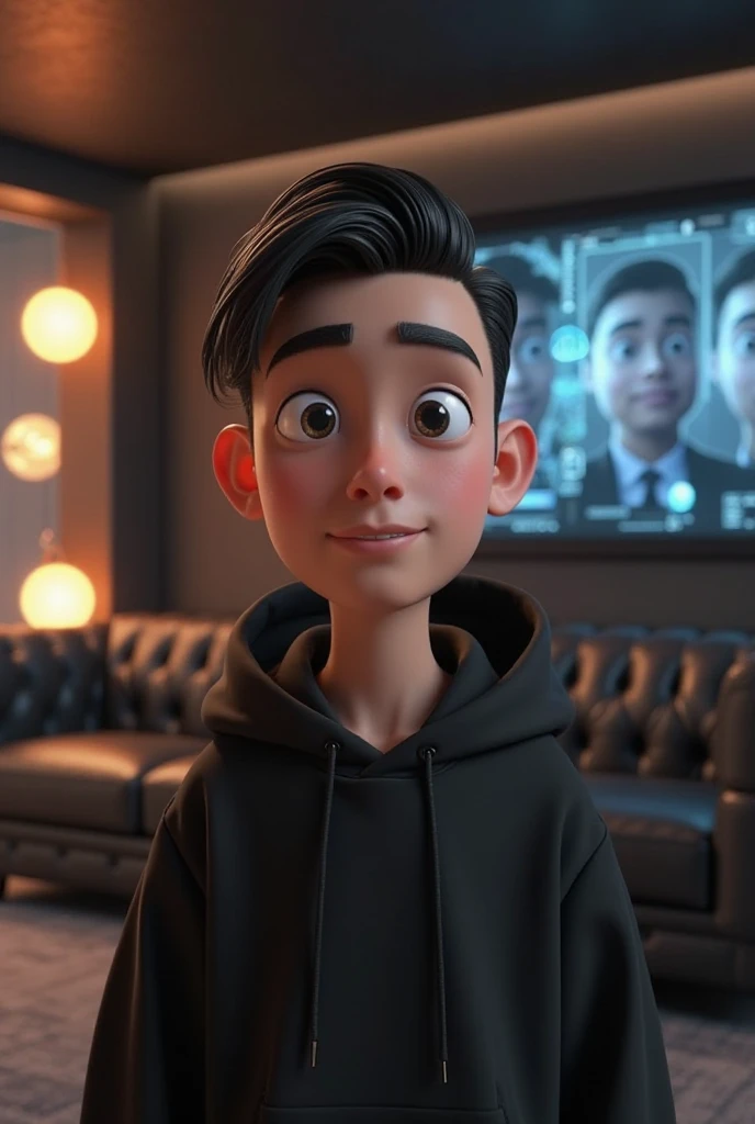 "A hyper-realistic 3D animated character in Pixar-style, featuring a young man with a sharp, angular face, large expressive eyes, and well-defined, arched eyebrows. His sleek black hair is styled in a classic manner, neatly blow-dried backward, giving him ...