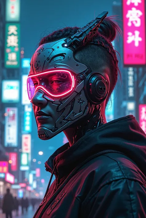 "Create a highly detailed cyberpunk-style profile picture featuring a futuristic character wearing a high-tech Japanese-inspired mask, such as a cybernetic Oni, Kitsune, or Noh mask. The mask should be sleek and metallic, with intricate neon-lit engravings...