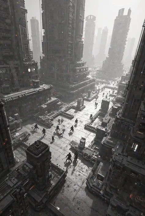  black white , Concept art, Cyberpunk battle arena,  bird's eye view