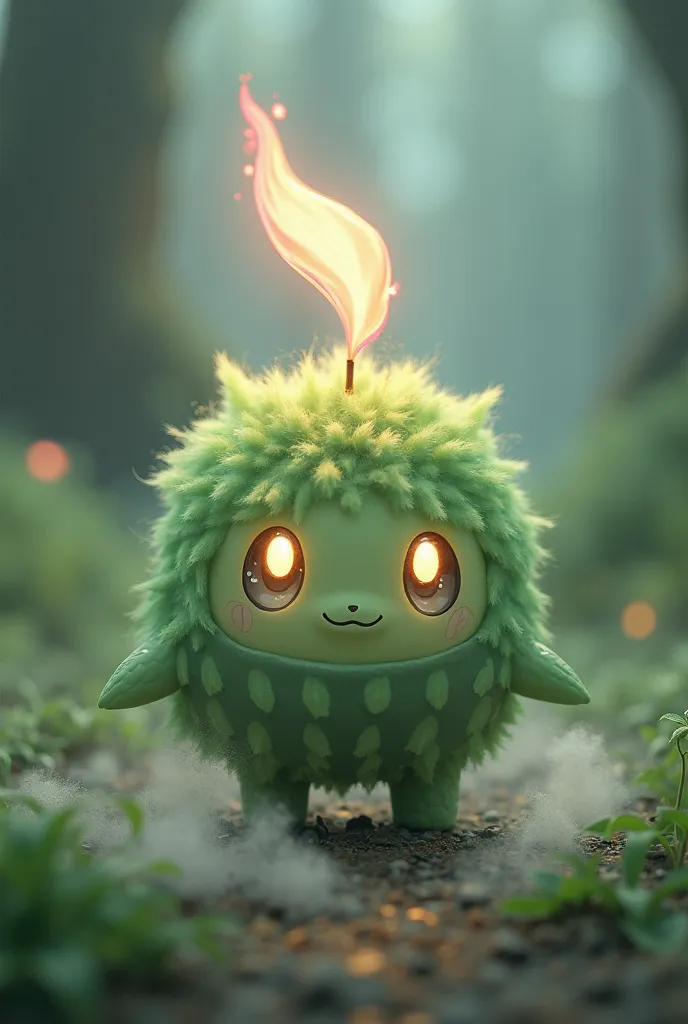 "A tiny, round Pokémon resembling a bundle of pampas grass. It has stubby legs, small leaf-like arms, and a single glowing pinkish-white plume sprouting from its head. Its body is pale green with dark green stripes, and its large, innocent eyes glow faintl...