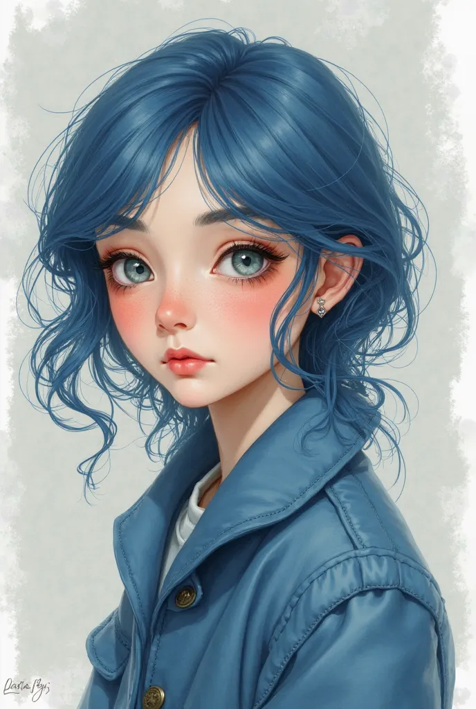 A European girl with blue hair,  gray eyes,  pink lips,  Cheeks a little blushed . Sitting in a blue coat. Drawing style 