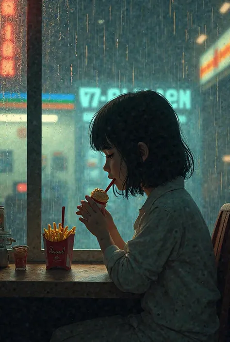 a lonely girl eating fries and ice cream in a 7/11 convenience store and it's raining outside (no face) facing the window 