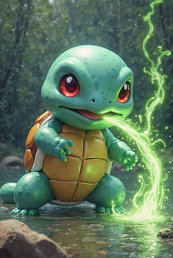 An image of a Squirtle with a deformation at the head level in a cartoon style. Squirtle spits out a ray of green light. Il est dans une pause dynamique, close to a water source