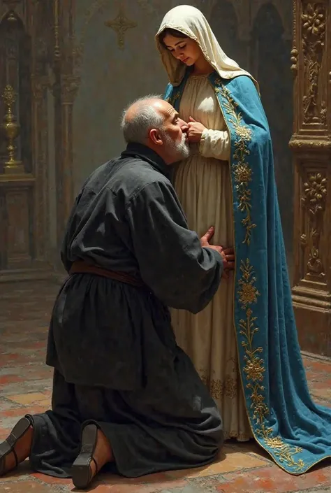 Create Padre Pio on His Knees Turned Back Kissing Our Lady with a Blue Cloak in a Church