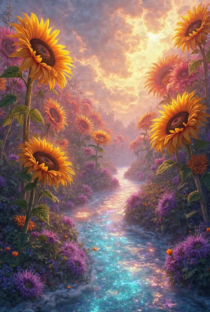 River of colorful mystical and brilliant sunflowers