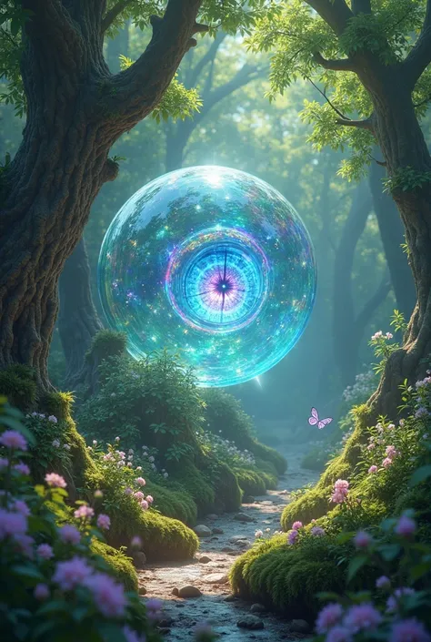 In the center of a mystical forest, a transparent crystal dragon eye glows with an inner radiance, where swirling rainbow hues flow like a river of light, hinting at boundless energy. The background is a dreamlike forest, with dappled sunlight filtering th...