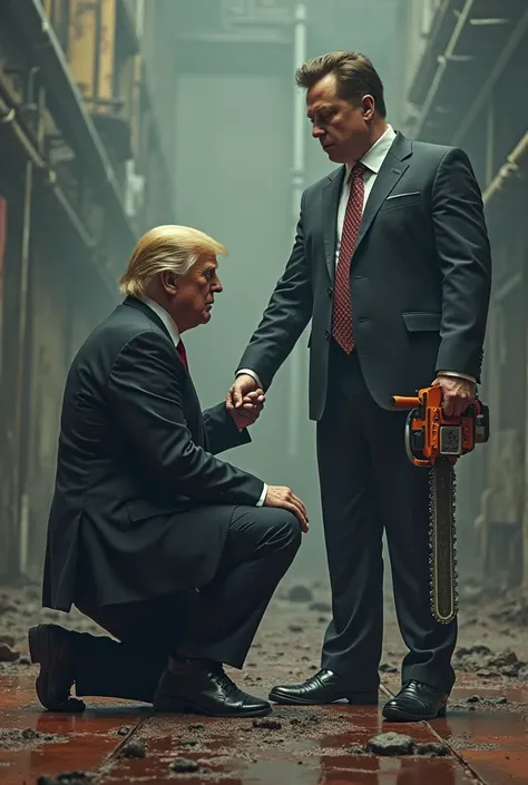 Trump kneeling before Elon Musk who is holding a chainsaw 