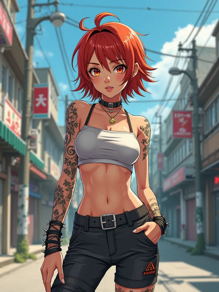 Anime illustration of a young reddishbrown colored supermodel with a toned physique, In a spicy punk crop top, Low Rise Pants, Messy Short Hair, spiked forarm bracers, Demonstration of various intricate tattoos, confidently standing in the middle of an aba...