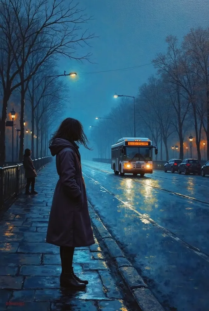 Mystical Picture, oil paint. Anna is standing on a deserted night street at a bus stop. She is wearing a long coat, her hair is disheveled by the wind, and her eyes are full of anxiety. In the distance, the bus is already starting to depart, but the driver...