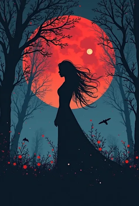 
1. **Bottom**: Continue the very dark blue or black background, with a smooth gradient. It's a red moon 

2. ** silhouettes**:
   - **Dria central silhouette of the dryad, even larger than the others.
   - **five young people**: The silhouettes of the thr...