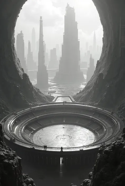  black white , Concept art, cyberpunk, size, round battle arena,  bird's eye view