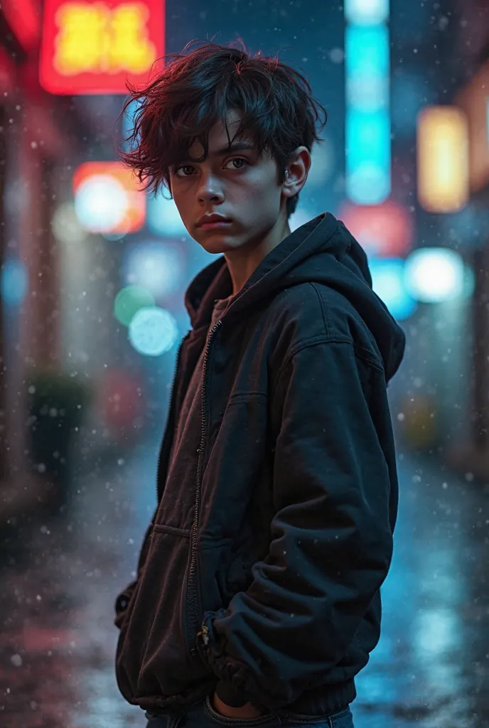 A 15-year-old young boy with a serious expression, short messy hair, wearing a stylish hoodie and jeans. He stands in an urban street at night with neon lights reflecting on the wet pavement. His deep eyes show confidence and determination. Cinematic light...