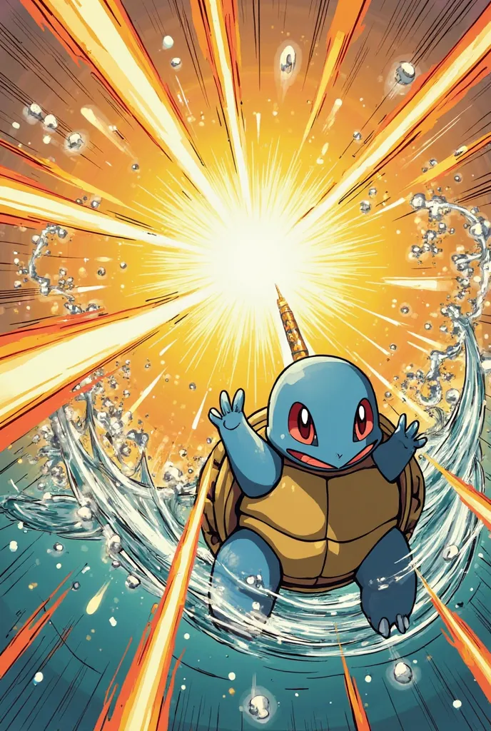 Make a manga drawing of Squirtle using the Sun Lance attack 