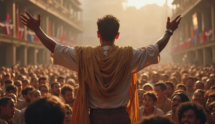 Pedro, standing on an elevation,  with the surrounding crowd , gesturing with conviction while proclaiming the truth in front of surprised and moved faces.