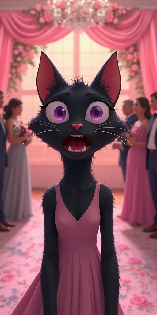 A tall black female cat with large, expressive purple eyes and an open mouth, suggesting shock or surprise. She is wearing a soft pink sleeveless gown.
Background: A beautifully decorated wedding venue with pink drapes, floral arrangements, and elegantly d...