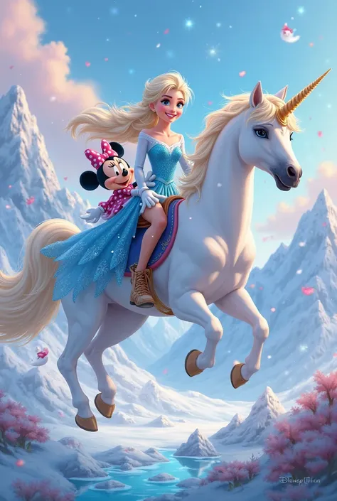 Elza frozen, Minnie, Hello Kitty riding on the unicorn 