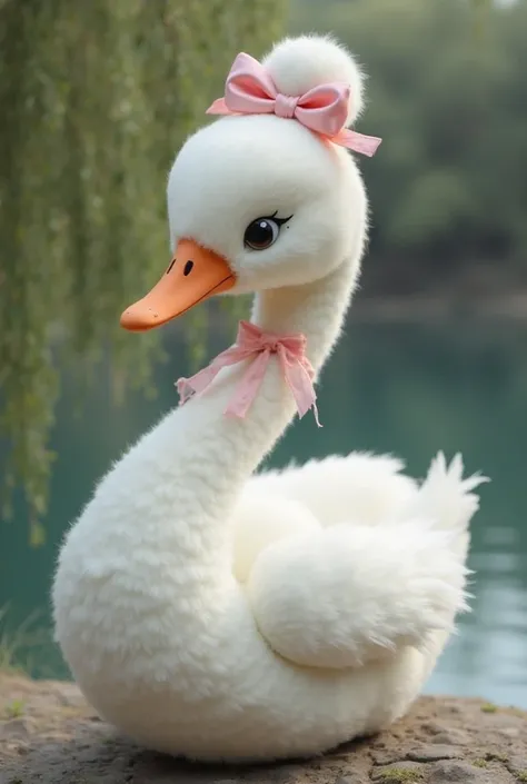 Create a realistic plush of a white swan with a bun and pink bows one on the head and the other on the neck 