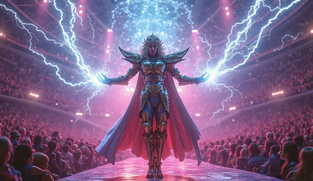 Realistic style, Master Parts, Best Quality, 8K, art stations, foco nítido, Ultra-realistic, high details, saint seiya playing dj, while using his lightning