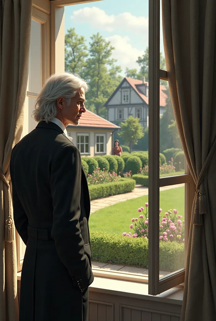 A TALL MAN WITH MEDIUM-SIZED, LOOSE AND BEAUTIFUL WHITE HAIR is watching the beautiful backyard of his house from his window.. An exquisite and classic style, with a beautiful village in the background. In the backyard of her house where the man observes, ...