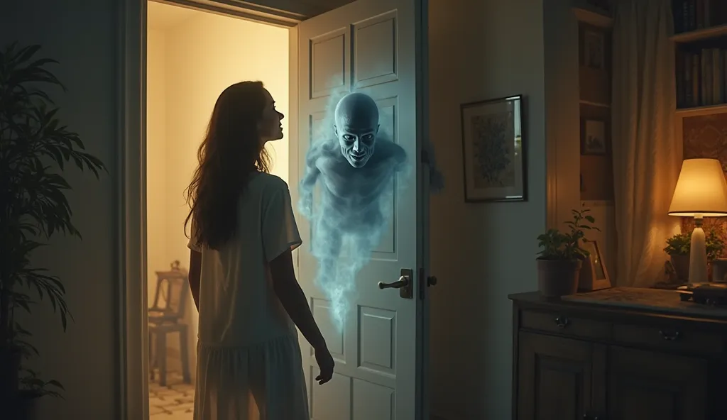 Person slowly opening the door of their house to a physical manifestation of fear - represented as a translucent figure with hazy features in shades of gray and dark blue, vaguely humanoid but with ethereal qualities such as solidified smoke. The scene is ...