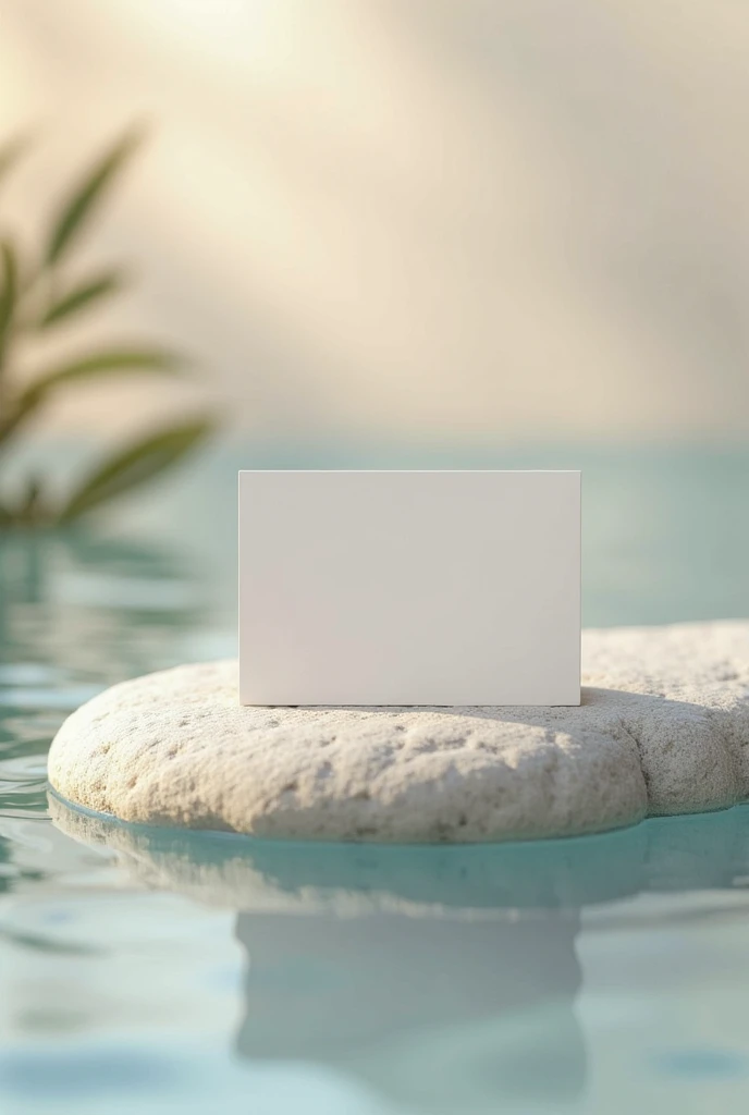 A minimalist business card mockup placed on a natural, serene background. The card is light gray, blank, and positioned at a slight angle, ready for customization. The setting features soft, organic textures, with subtle elements inspired by nature, such a...