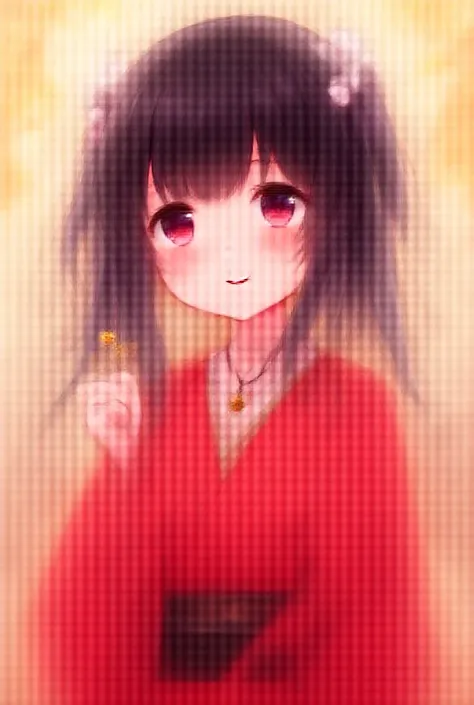 Girl,flat chests,red eyes,black hair,white ribbons on head,black necklace with golden charm,bright pink lips,blushing,smiling,red kimono,black obi,holding a daisy,low twin ponytails,light purple eyeshadow,background is autumn