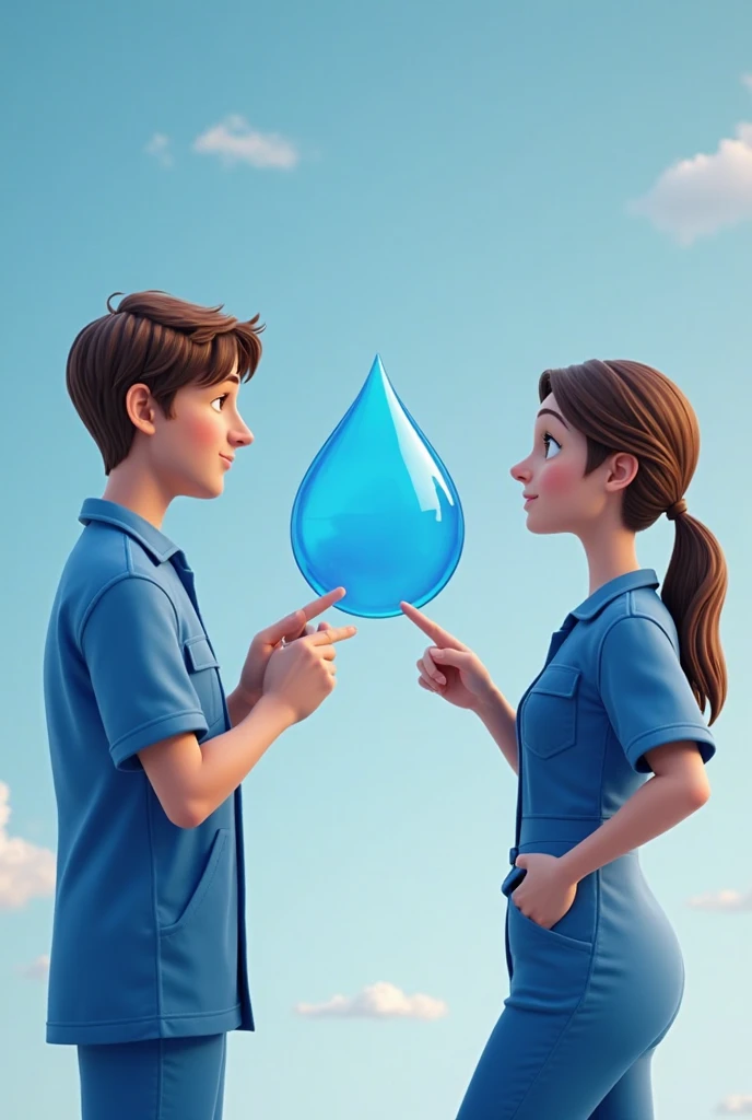 Pixar-inspired 3D poster capturing a scene with a 30-year-old white man with brown hair and a blue uniform, And a 30-year-old brown-haired woman with dark brown hair wearing a blue uniform, the couple pointing to a logo shaped like a drop of water between ...