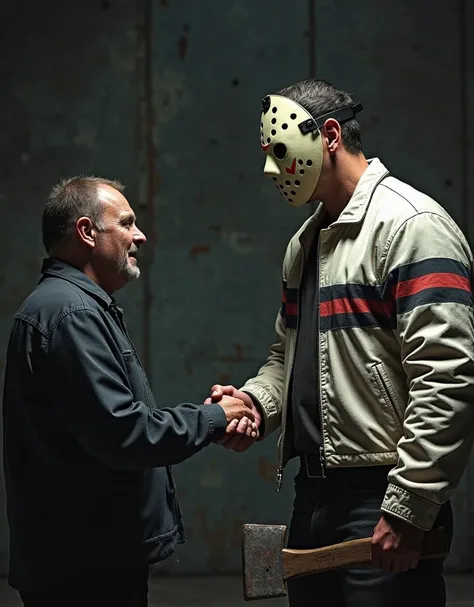 (photorealism:1.2), Jason Voorhees wearing a white jacket with red and black stripes, holding an axe and shaking hands with a man.