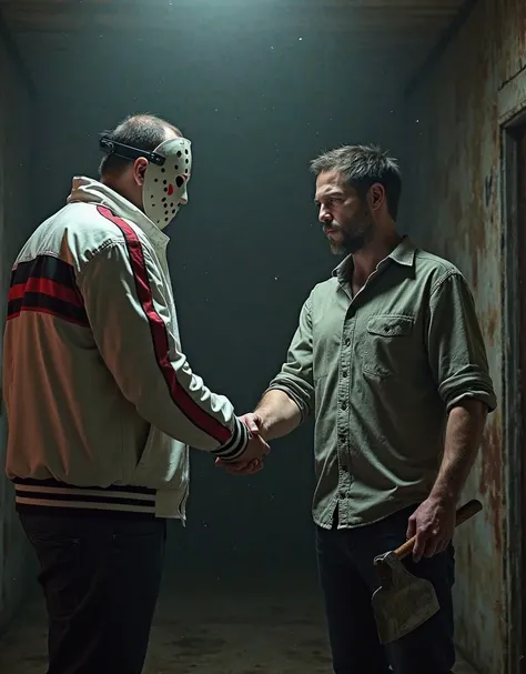 (photorealism:1.2), Jason Voorhees wearing a white jacket with red and black stripes, holding an axe and shaking hands with a man.