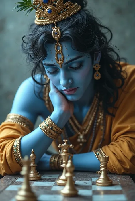 Lord krishna playing chess. Show his face and hands. Board doesnt have much peaces