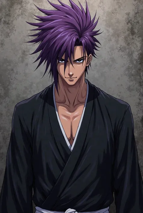 Bleach anime manga, animation style, purple messy uneven hair, sharp jawline, wearing a black shihakusho, lean and black eyes.