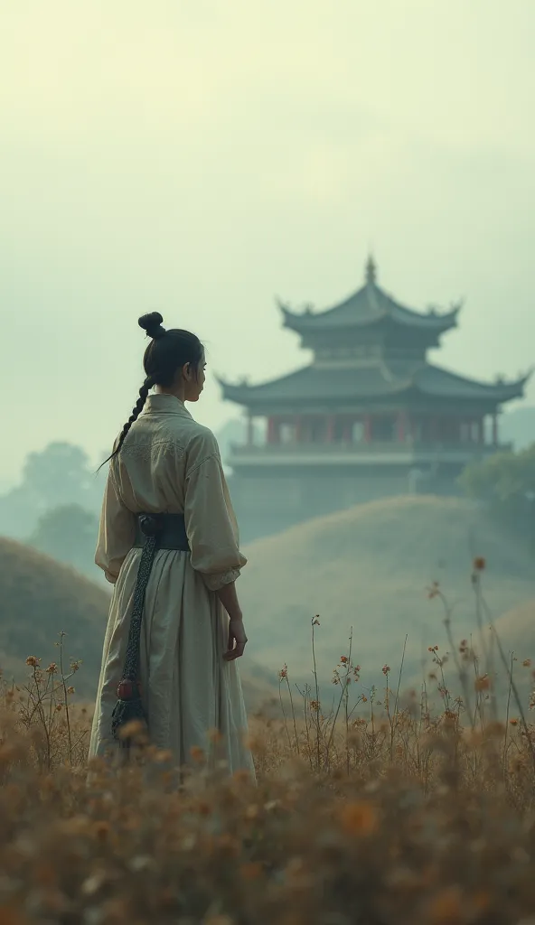 Blurred landscape with ancient Chinese temple, main character in traditional tunic, deep gaze looking ahead