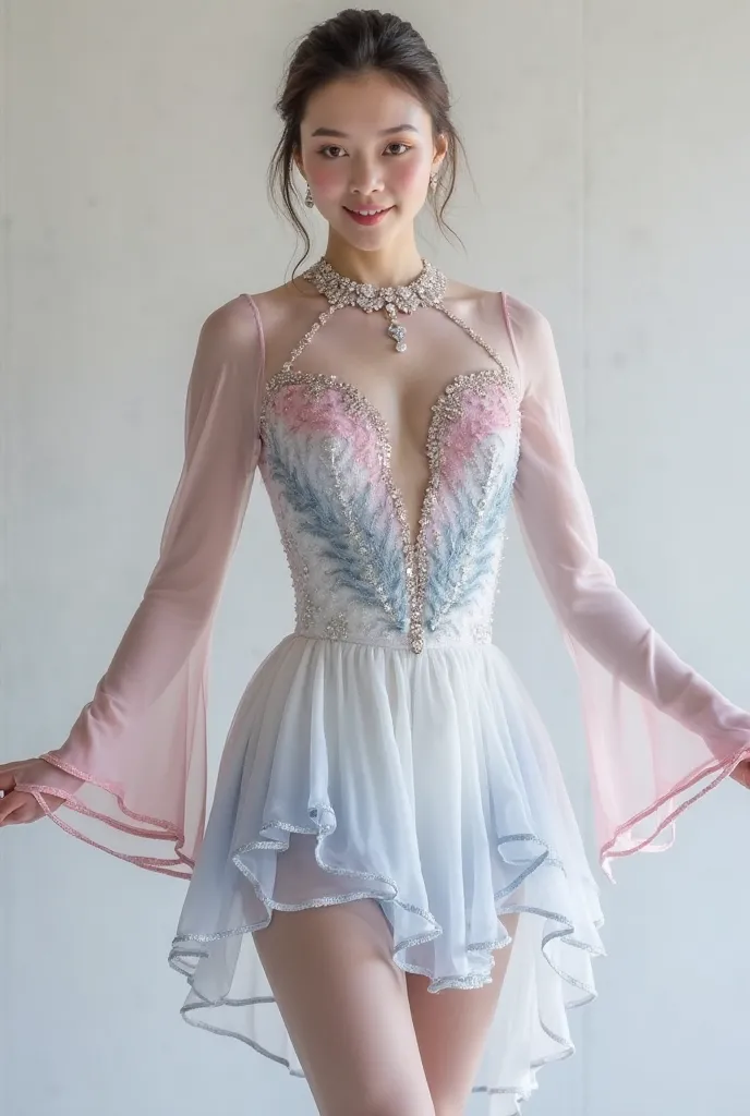 "A short figure skating dress with a white base, featuring soft airbrushed gradients in pink, gray, light blue, and lilac. The dress has a modest high neckline with an elegant choker detail, long translucent sleeves with a flared bell shape and a fading om...