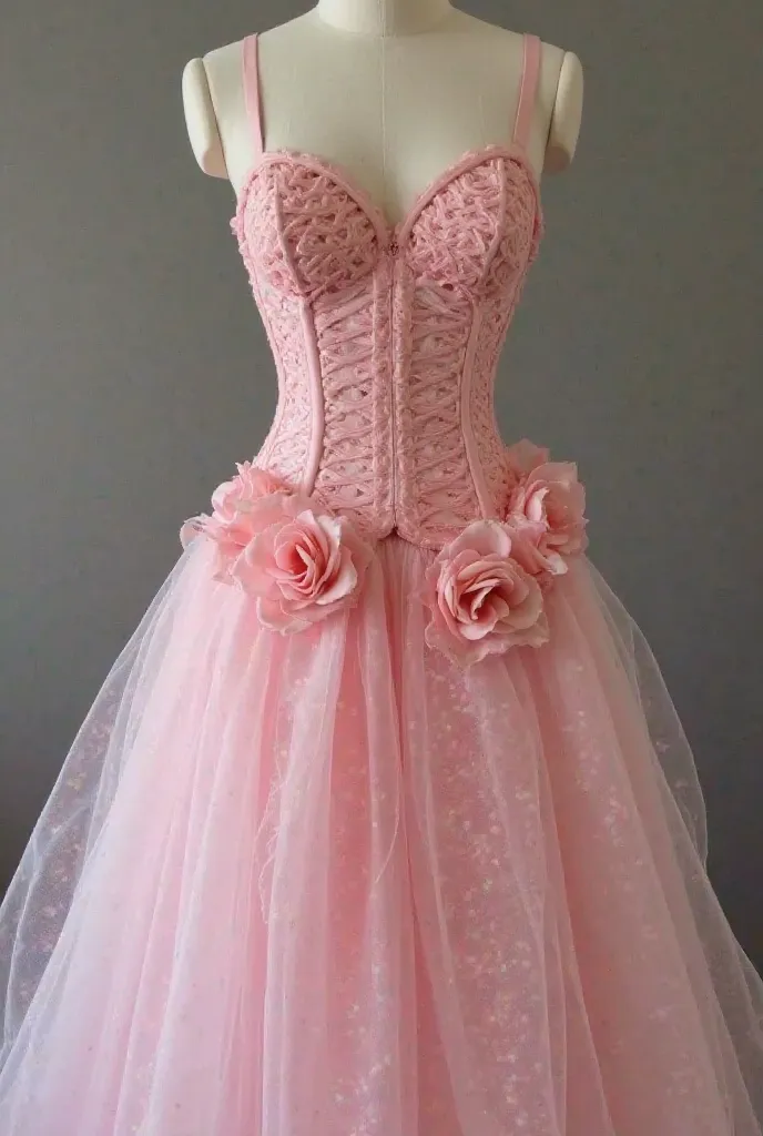 Now I have a bustier I want to recycle it I want to turn it into a dress I have pink fabric I have a little thick and I have white tulle I want to combine them I want to make roses from pink fabric and interweave them together Can you create an unusual vis...