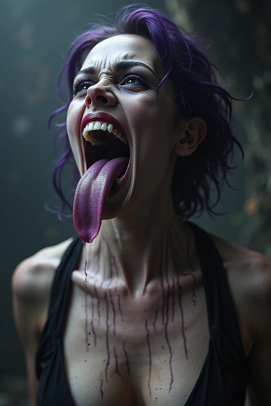 (extremely realistic))) (((  masterpiece, best quality ))), (((high resolution))) ( masterpiece), (((best quality) 32K,  crea una Banshee, Scary veined face, but also sexy (((highly detailed image of an exaggeratedly wide open mouth))),  (((Purplish tongue...