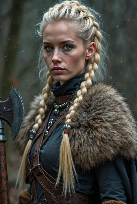 Blue-eyed blonde woman mohawk with braids with axe stylish Vinking HiiFeuer Viking fur, barbarian leather collar, capa medieval  capa Leggings de pele Viking / boot covers, Leg warmers, full body vinking boot 