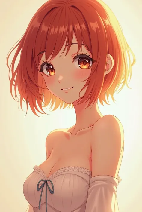 masterpiece, best quality, absurdres,high definition, highly detailed, cute anime woman with short red hair and a happy expression, naked, brown eyes