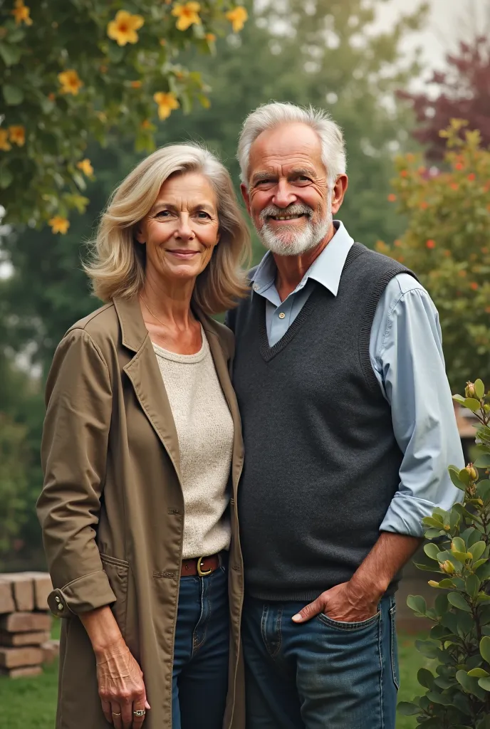 60 years old Blonde hair hungarian woman in the garden with his handsome 60 years old husband. Realistic picture without flower. 